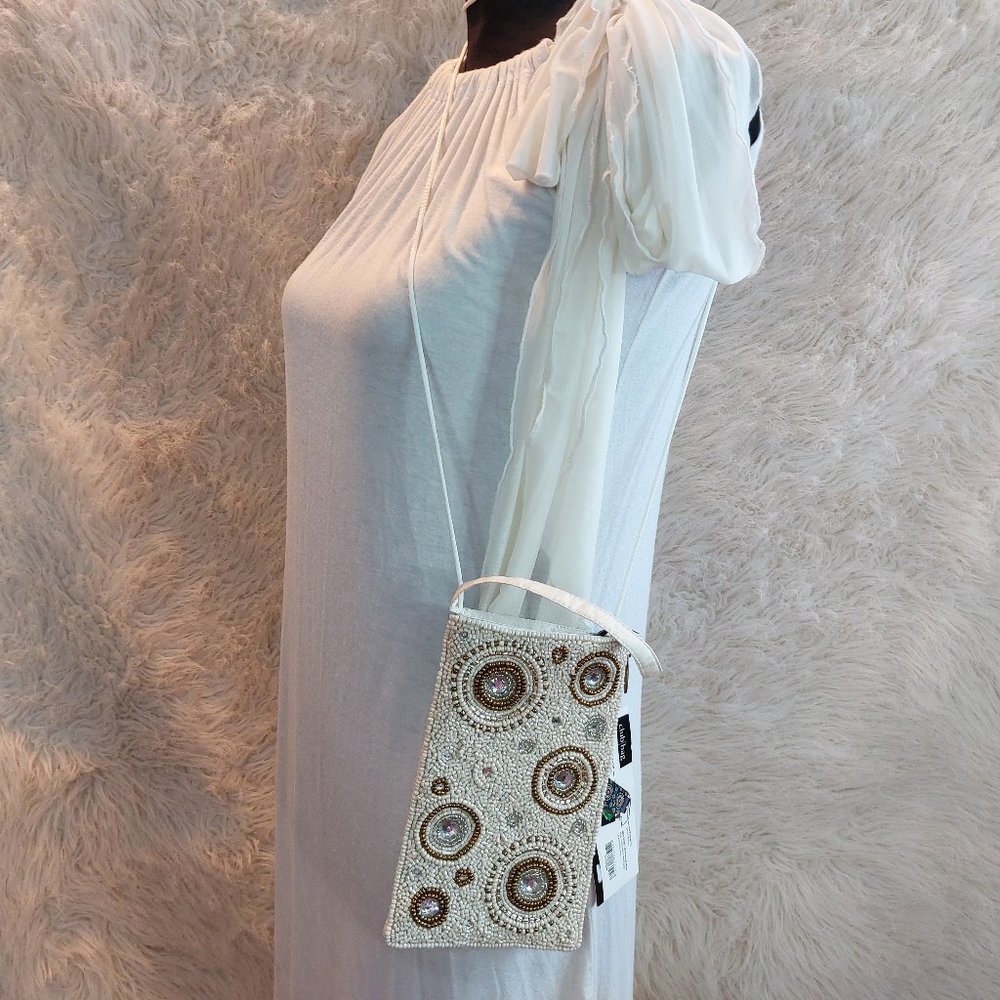 Bamboo Trading Co. Handmade Women's White Gold Beaded Crossbody Mini Bag/Wristle